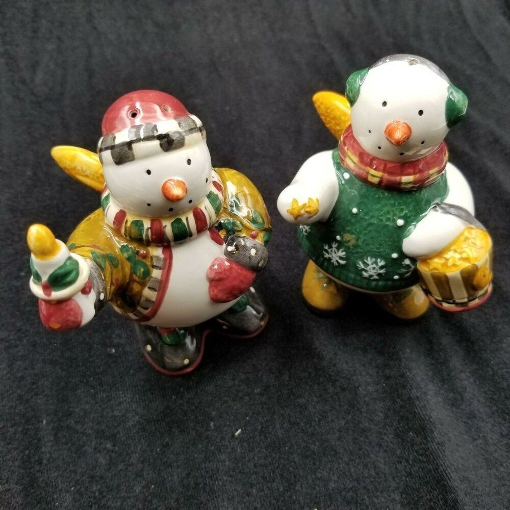 Vintage Sakura Salt Pepper Shaker Set Debbie Mumm Snow Angel Village Earthenware